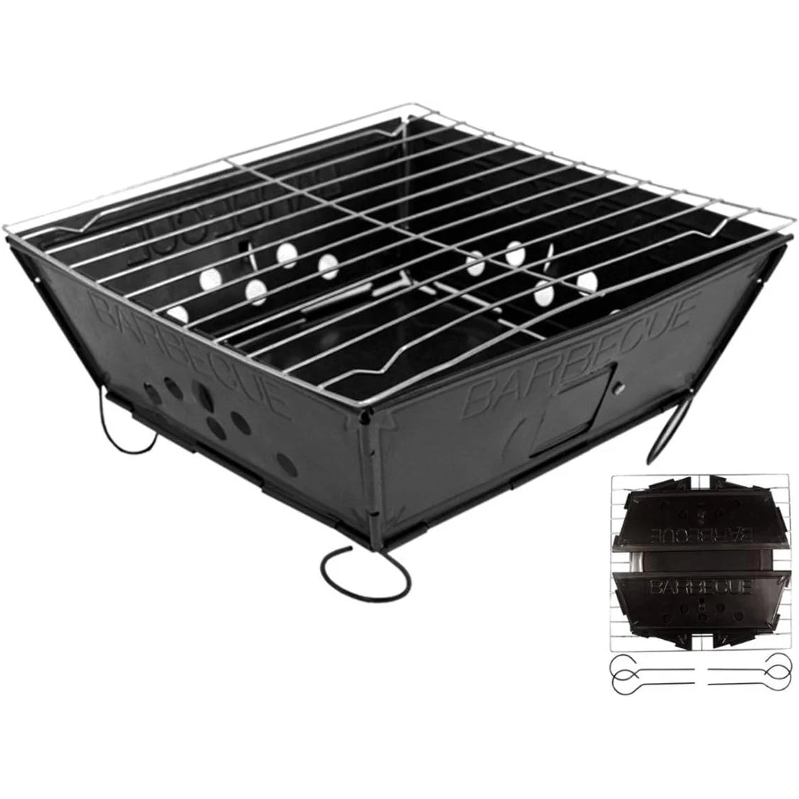 Gril de barbecue portable et pliable, en métal noir, avec grilles en acier inoxydable et design compact pour un transport facile