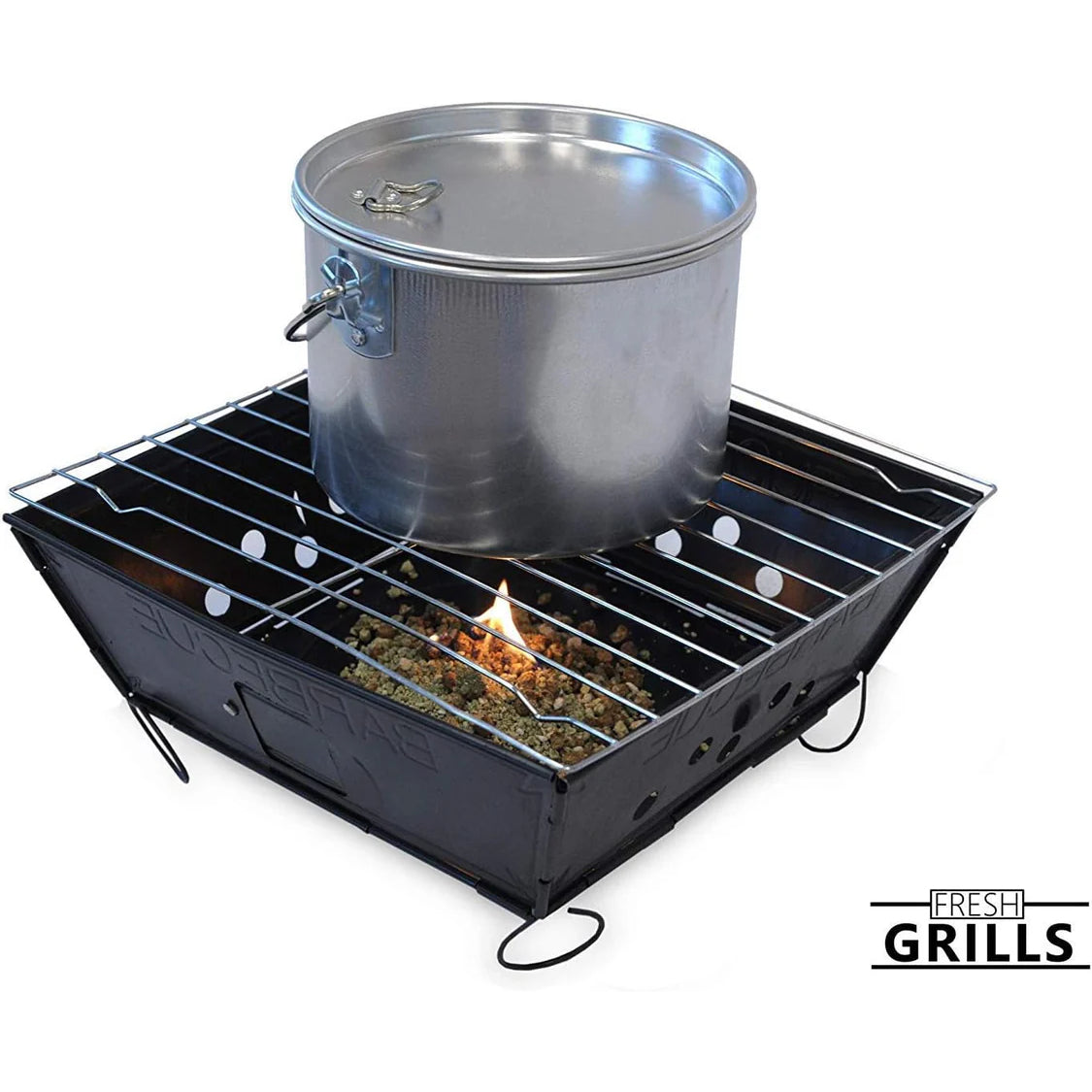 Gril de barbecue portable pliable en métal noir avec un pot en acier inoxydable, feu vif et grille en acier inoxydable pour cuisson