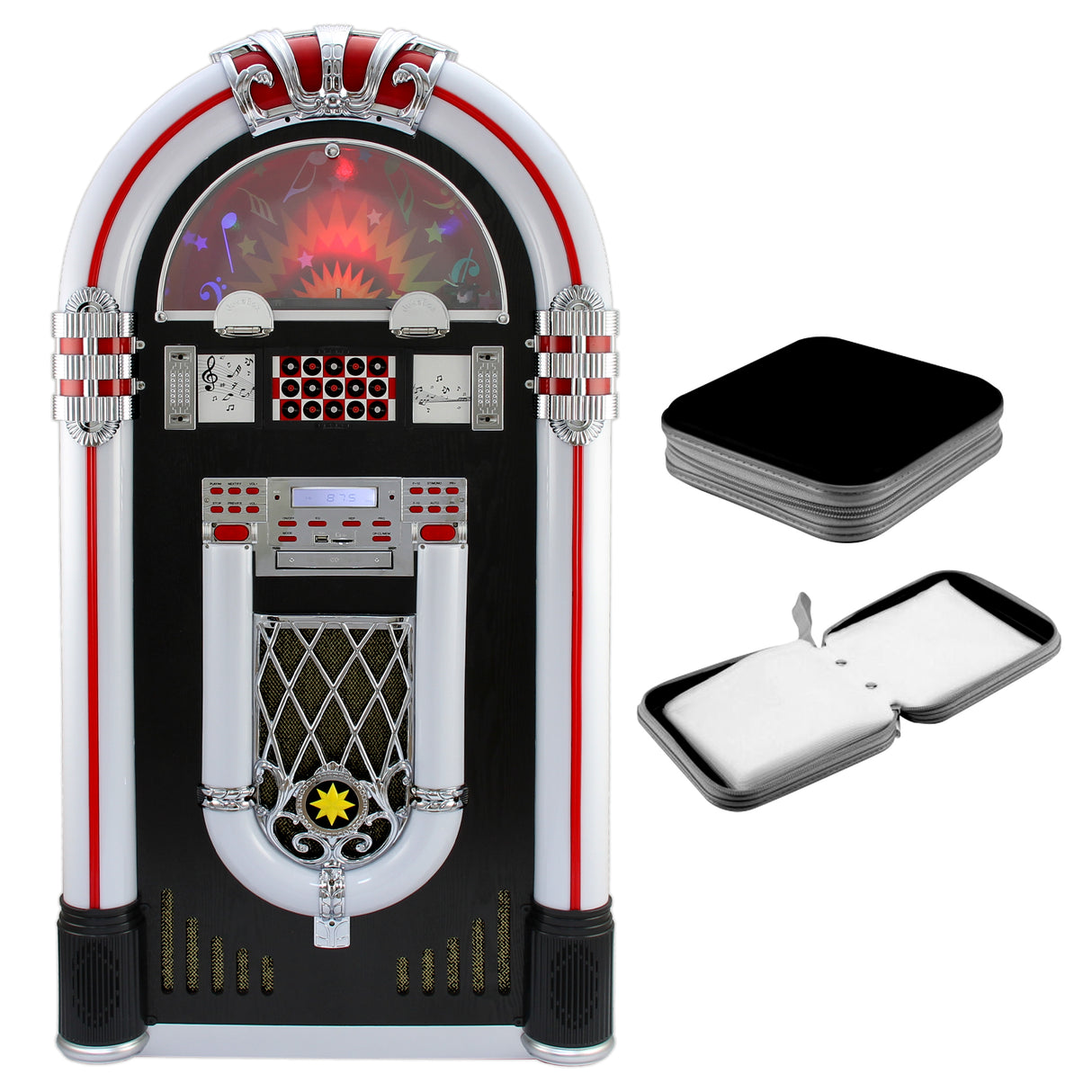 Juke-box rétro élégant en noir et blanc, avec des détails chromés, un écran lumineux et un porte-CD assorti en métal noir