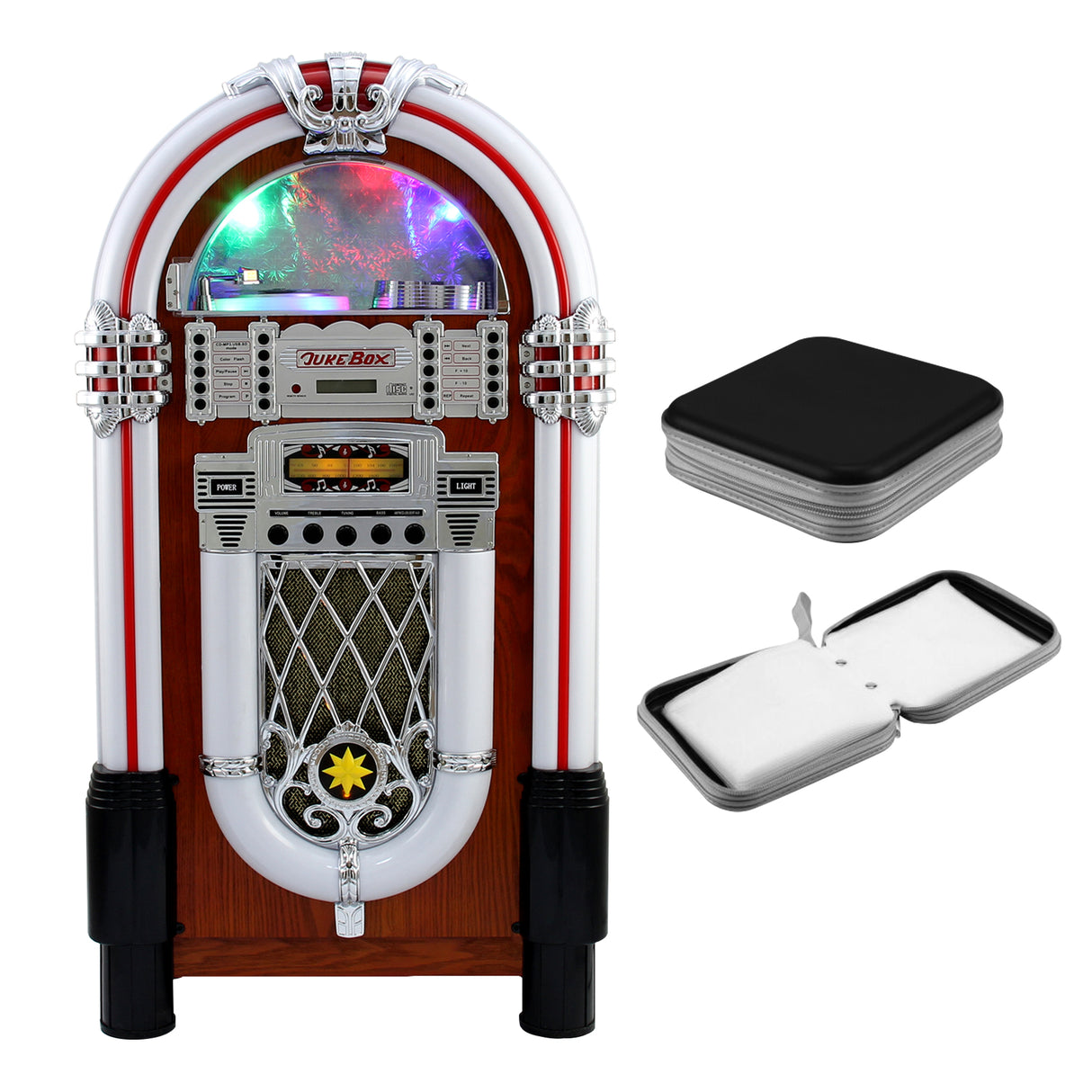 Juke-box rétro en bois avec des accents chromés, éclairage coloré et porte-CD assorti, alliant style vintage et modernité