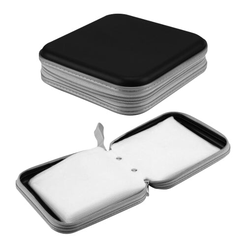 Porte-CD noir élégant avec fermeture éclair, intérieur en tissu blanc, conçu pour protéger et organiser vos disques avec style