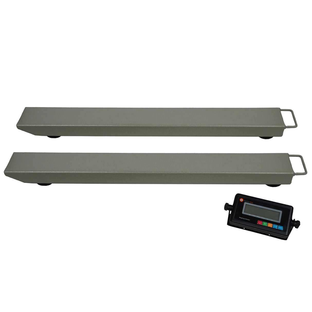 Pèse palettes T-Mech en métal gris, avec deux rampes longues et un écran numérique pour une pesée précise et facile