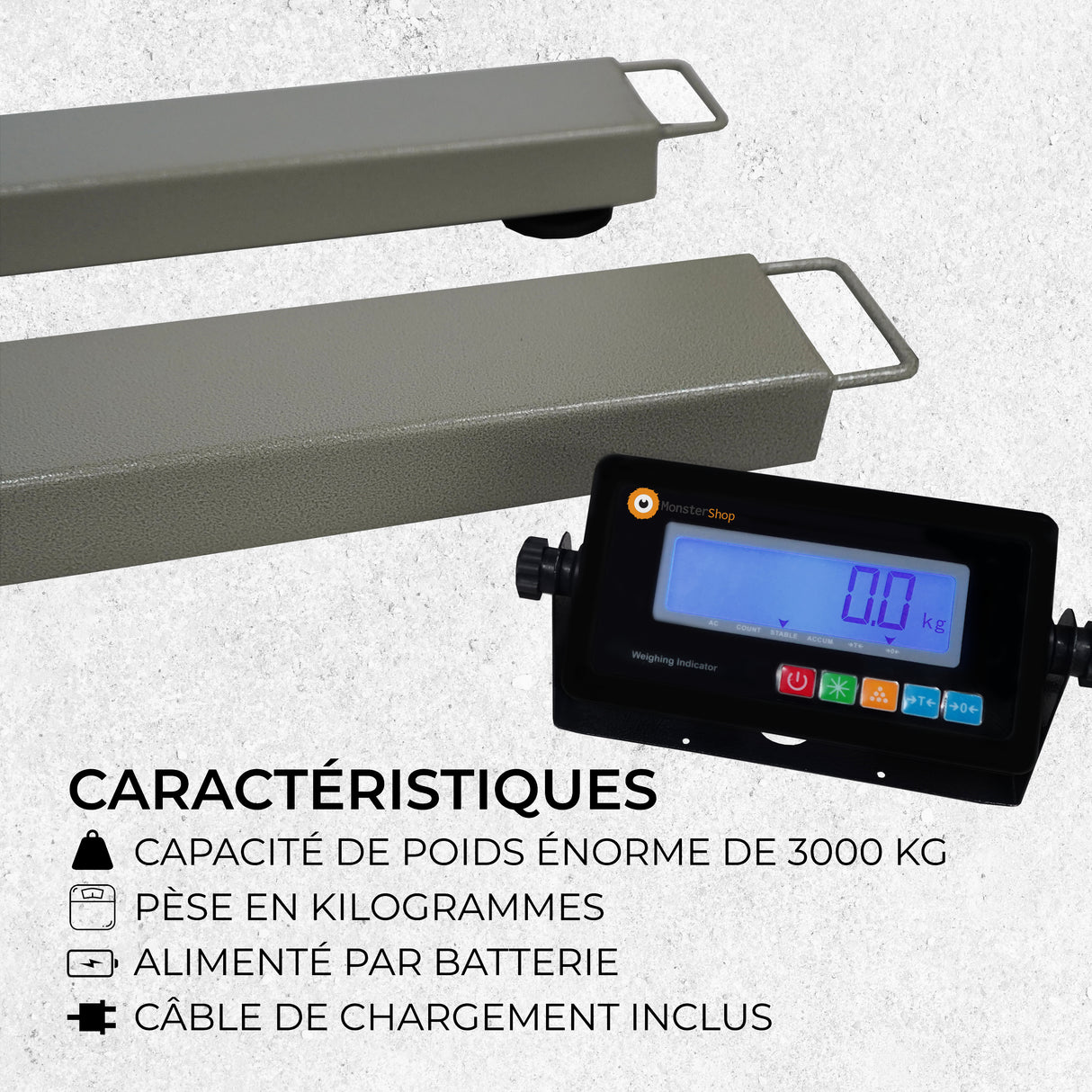 Balance industrielle T-Mech avec écran numérique, capacité de 3000 kg, surface grise texturée, et câble de chargement inclus