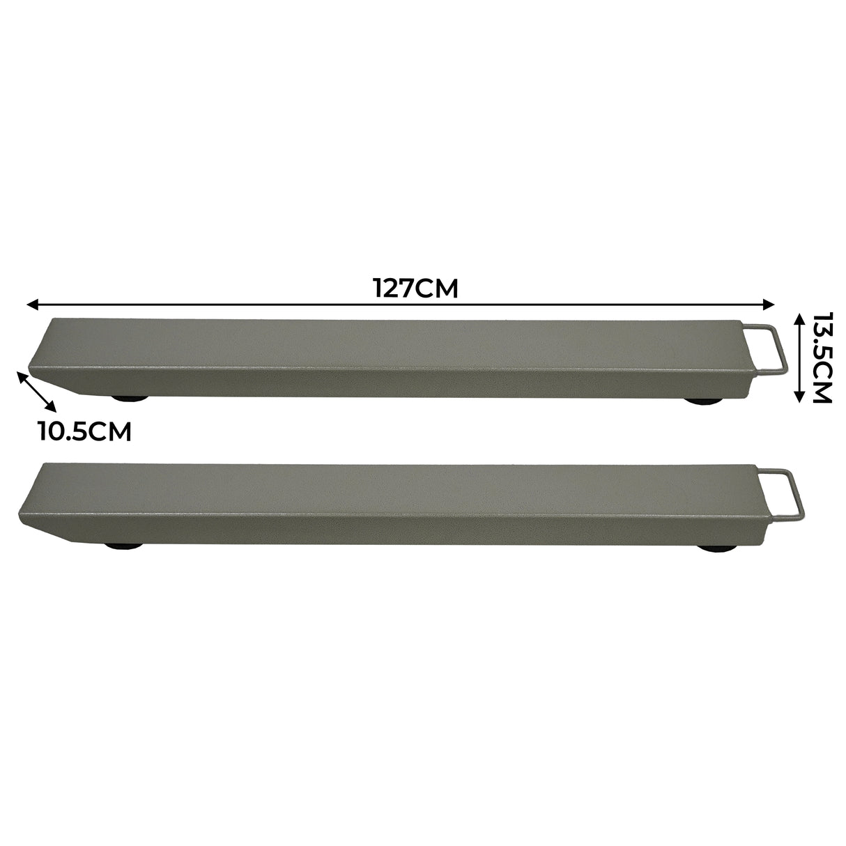 Pèse palettes T-Mech en métal gris, dimensions 127 cm de long et 13,5 cm de large, avec poignées pour un transport facile