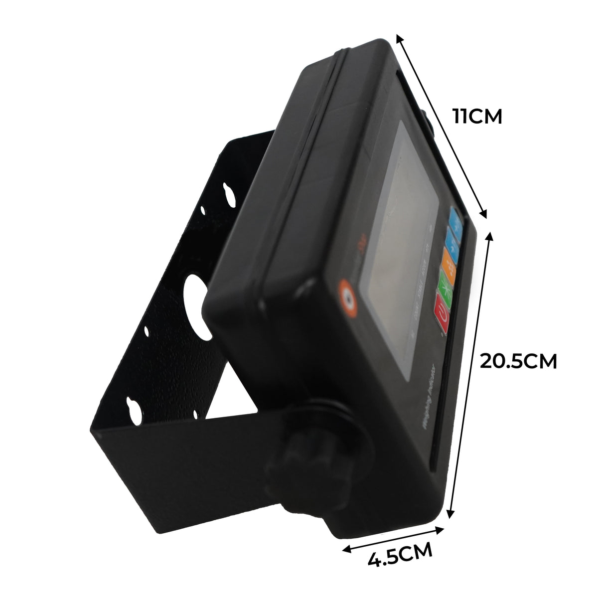 Écran numérique noir monté sur un support, affichant des boutons colorés et des dimensions de 11 cm de haut et 20,5 cm de large