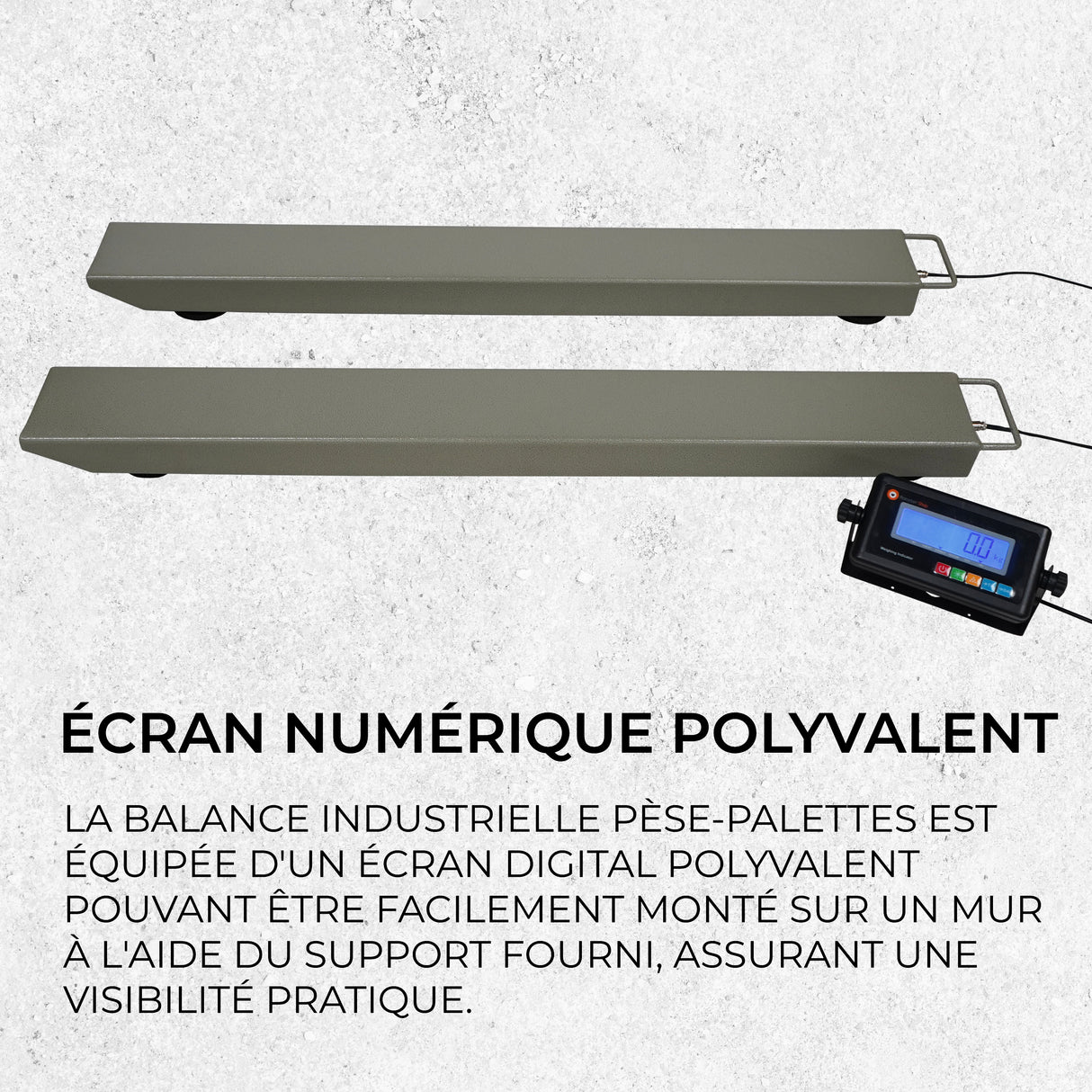 Balance industrielle pèse-palettes grise avec écran numérique, conçue pour un montage mural facile et une visibilité optimale
