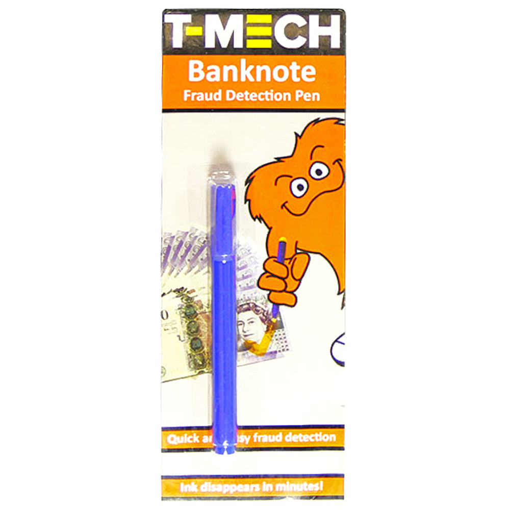 Stylos détecteurs de faux billets T-Mech en bleu, présentés sur un emballage coloré avec des billets en arrière-plan et un personnage amusant