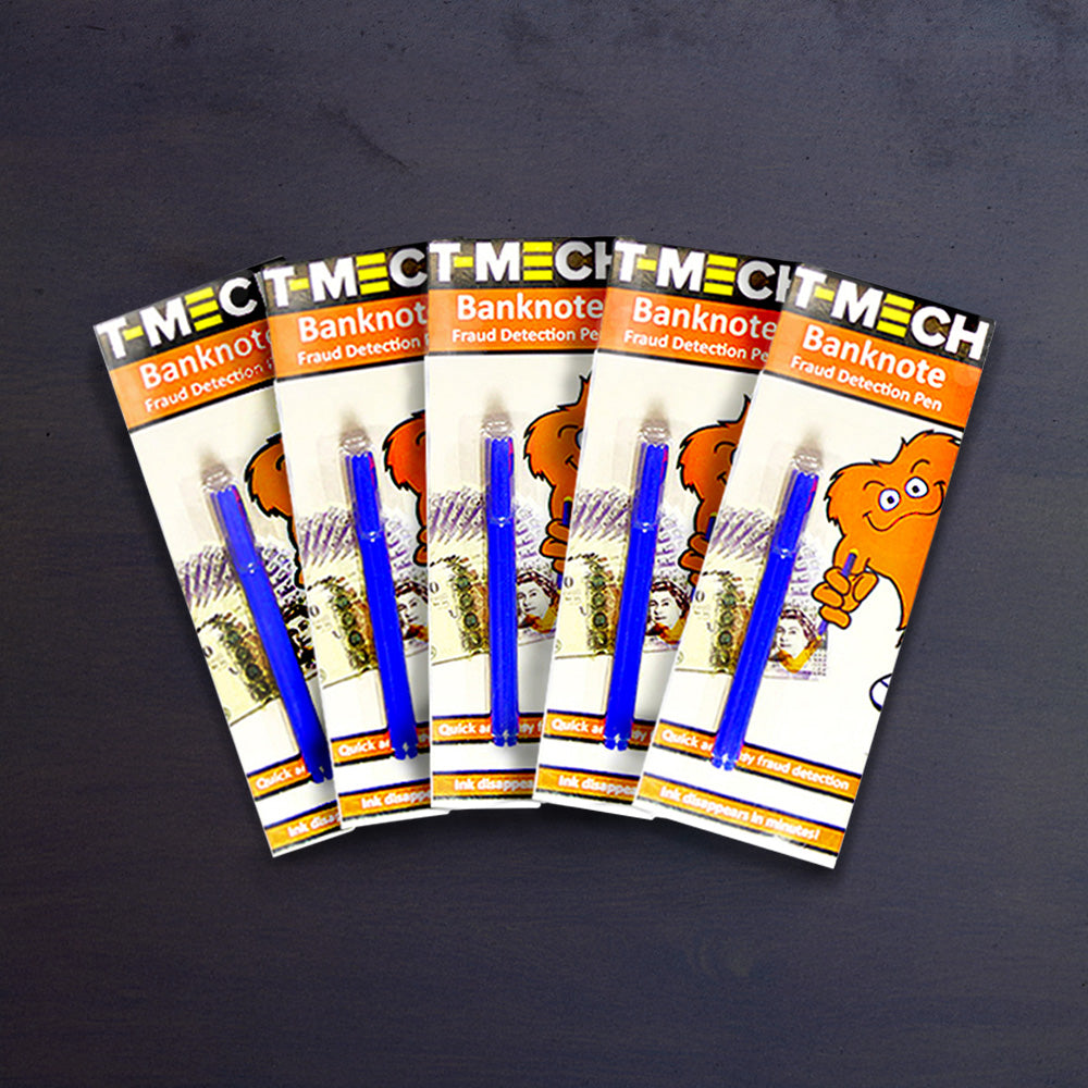 Lot de 5 stylos détecteurs de faux billets, avec corps bleu vif et emballage coloré, idéal pour vérifier l'authenticité des billets