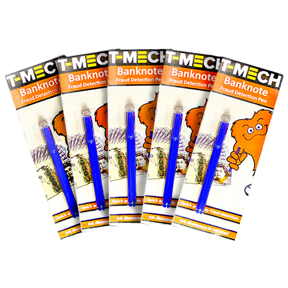 Stylos détecteurs de faux billets T-Mech, cinq stylos bleus avec emballage coloré, idéal pour vérifier l'authenticité des billets