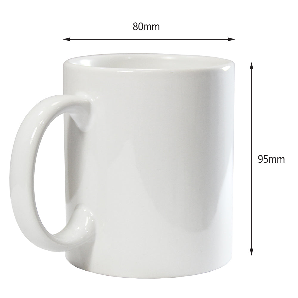 Tasse blanche en céramique pour sublimation, dimensions 80mm de diamètre et 95mm de hauteur, idéale pour personnalisation et cadeaux