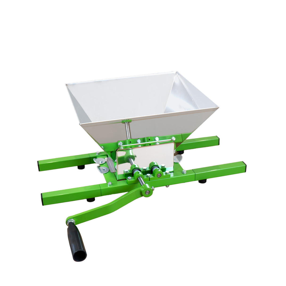 Broyeur de fruits portable à manivelle, couleur verte et argentée, avec un réservoir en métal de 7 litres et des poignées robustes