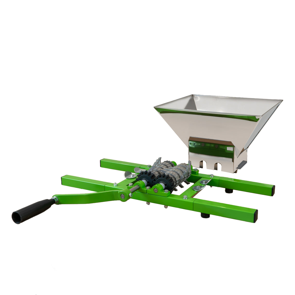 Broyeur de fruits portable à manivelle, cadre vert, grand réservoir blanc de 7 litres, mécanisme robuste pour un broyage efficace
