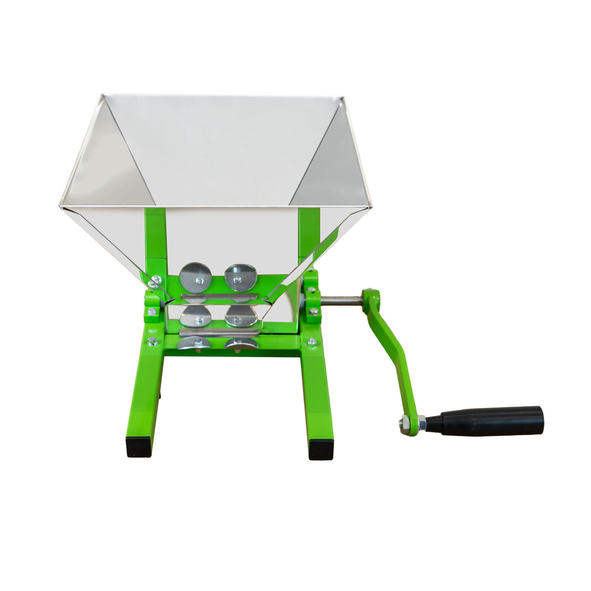 Broyeur de fruits portable à manivelle de 7 litres, avec un corps en métal vert, un entonnoir en acier inoxydable et une manivelle noire