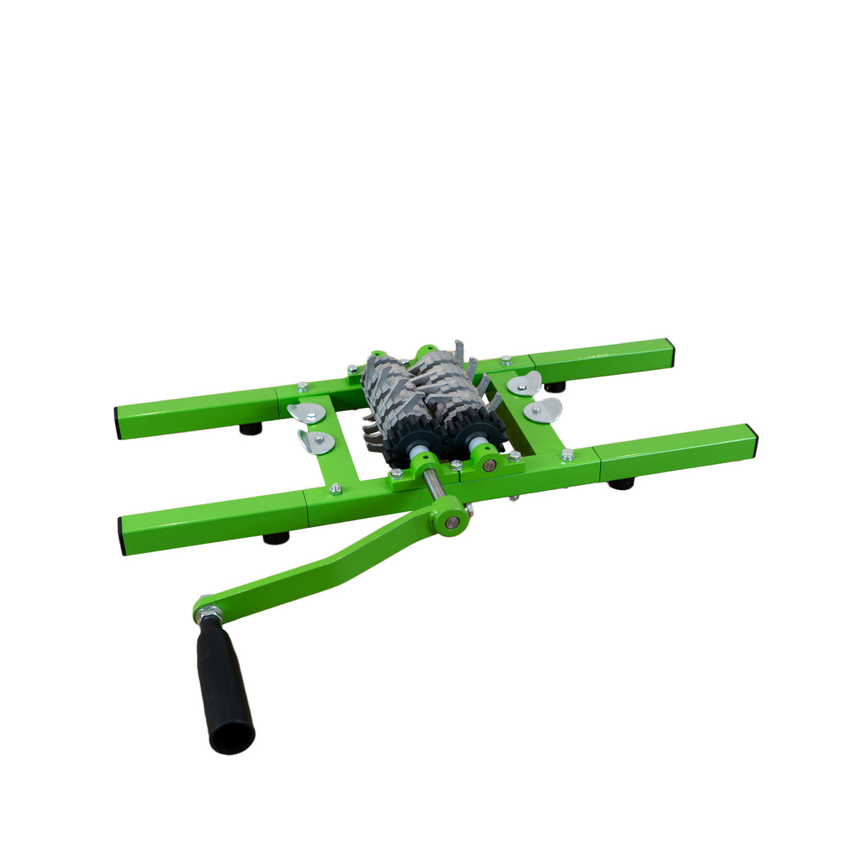 Broyeur de fruits portable à manivelle de 7 litres, structure en métal vert, rouleaux en acier, design compact et fonctionnel