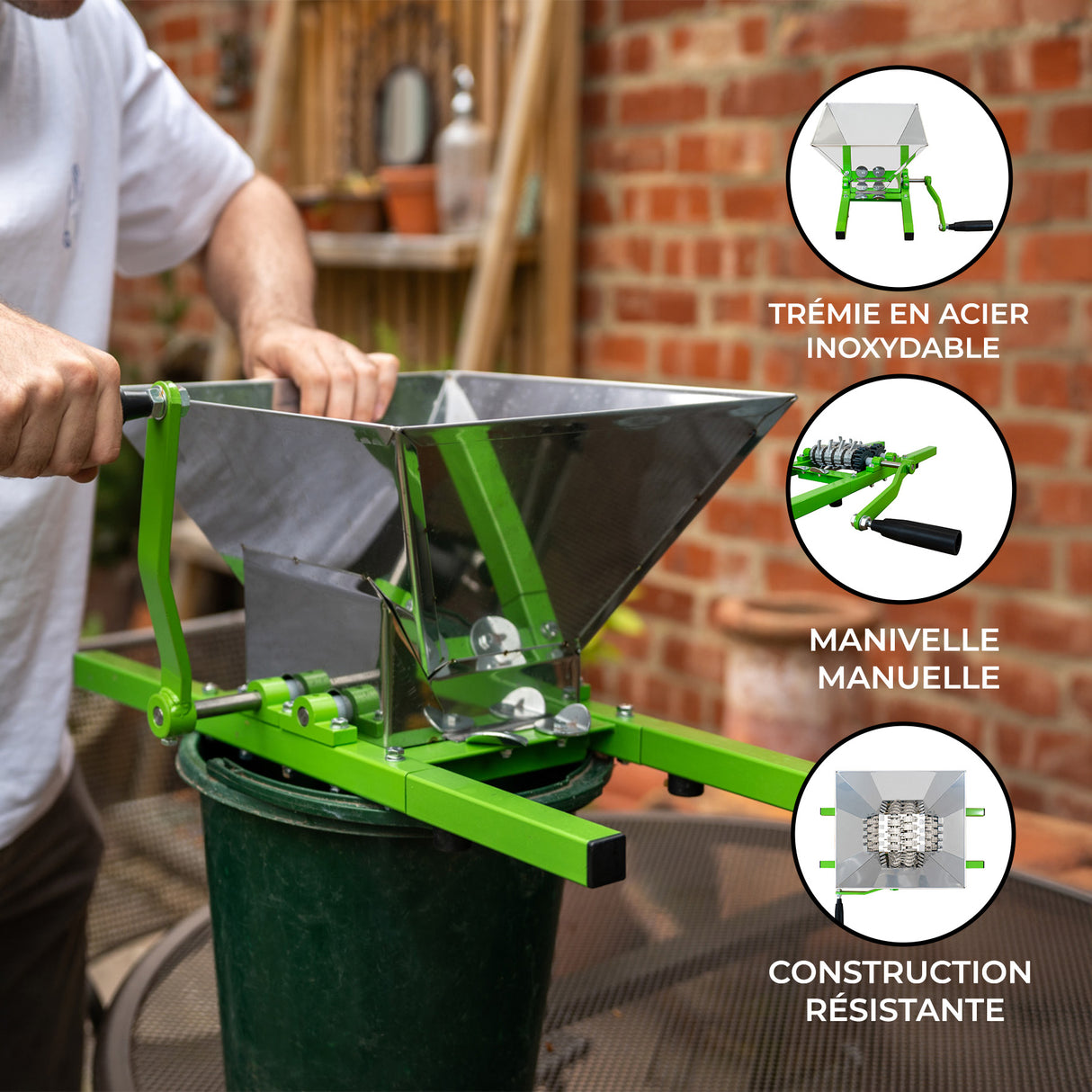 Broyeur de fruits portable à manivelle en acier inoxydable, cadre vert, capacité de 7 litres, idéal pour le jardinage et les récoltes