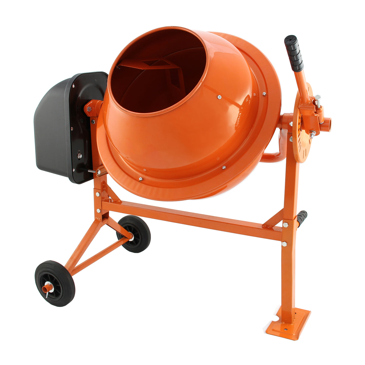 Bétonnière électrique portable de 70 litres, orange vif, avec un tambour en métal, roues noires et poignée ergonomique pour un transport facile