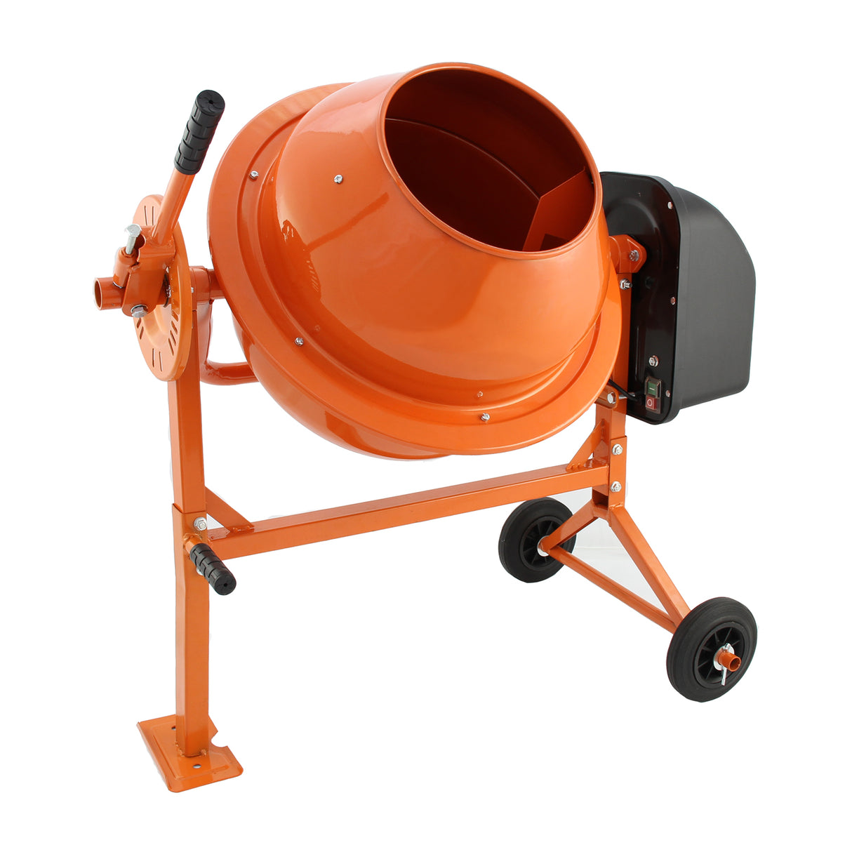 Bétonnière électrique portable de 70 litres, couleur orange vif, avec un tambour rotatif et un châssis en métal robuste sur roulettes