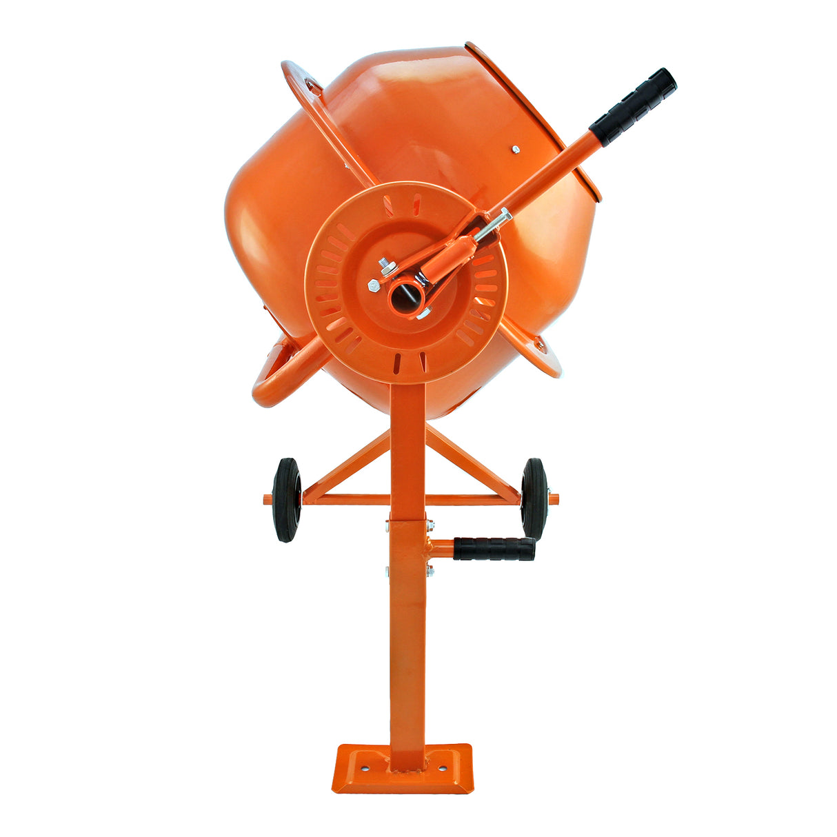 Bétonnière électrique portable de 70 litres, orange vif, avec un tambour en métal, roues noires et poignée de transport ergonomique