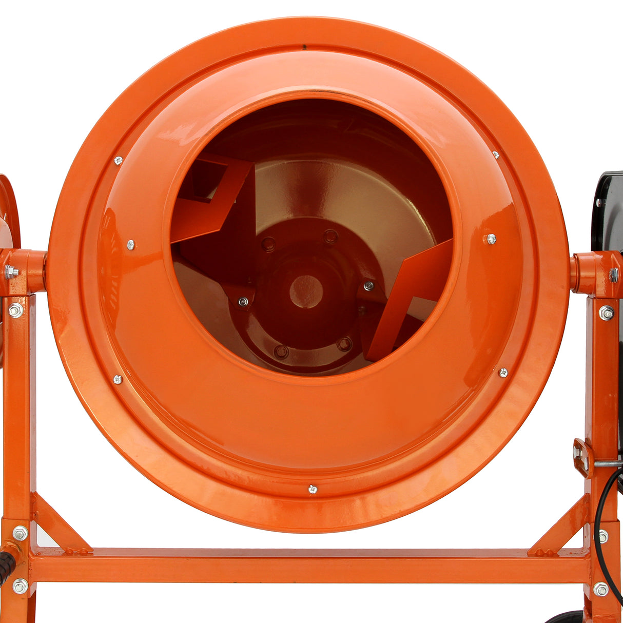 Bétonnière électrique portable de 70 litres, cuve orange brillante avec pales internes, structure métallique robuste et roues pour mobilité