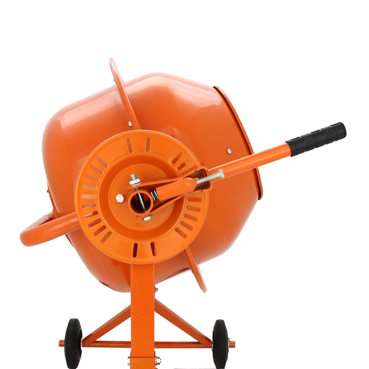 Bétonnière électrique portable de 70 litres, couleur orange vif, avec un tambour sphérique et une poignée noire pour un transport facile