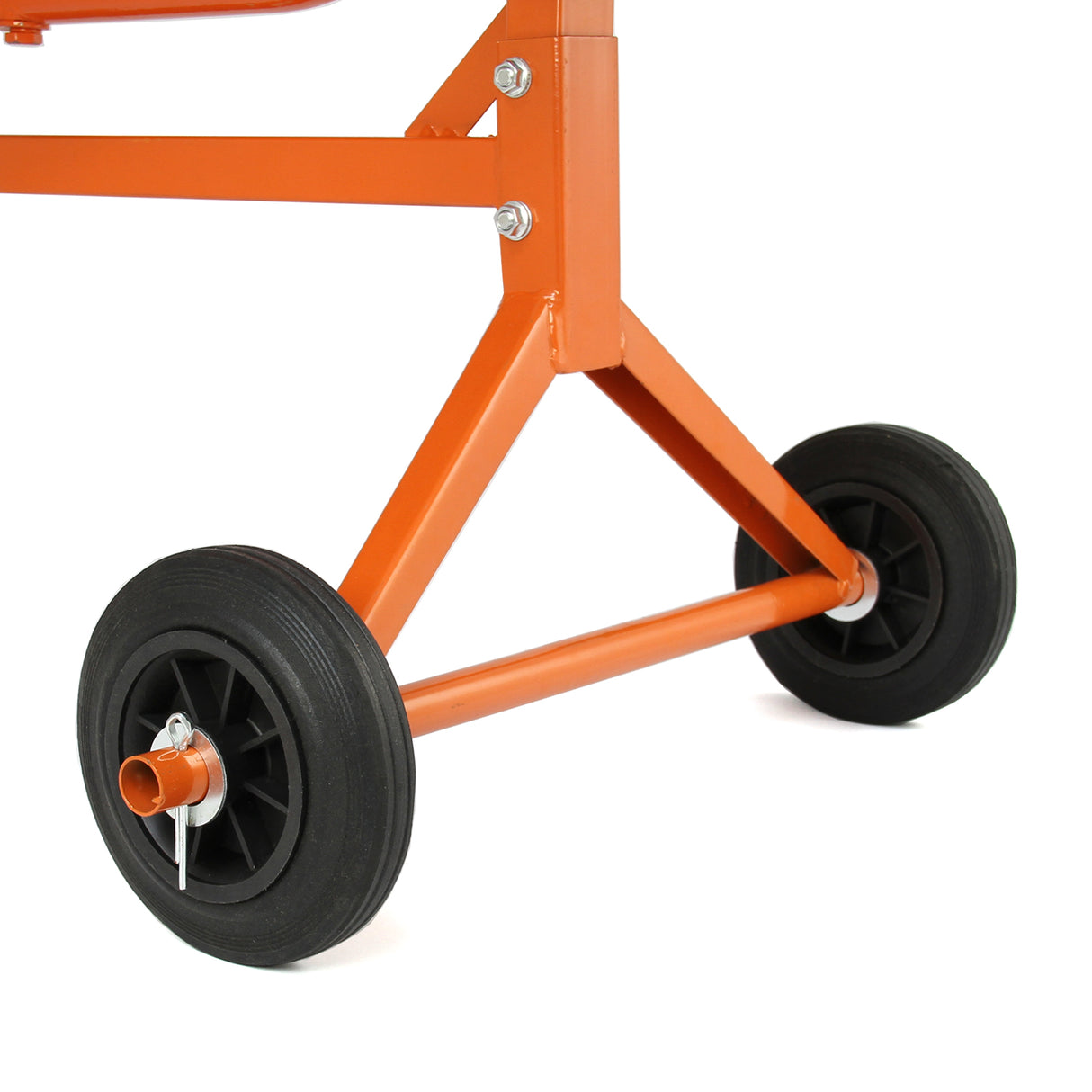 Bétonnière électrique portable de 70 litres avec châssis orange, roues noires robustes et structure métallique stable pour un transport facile