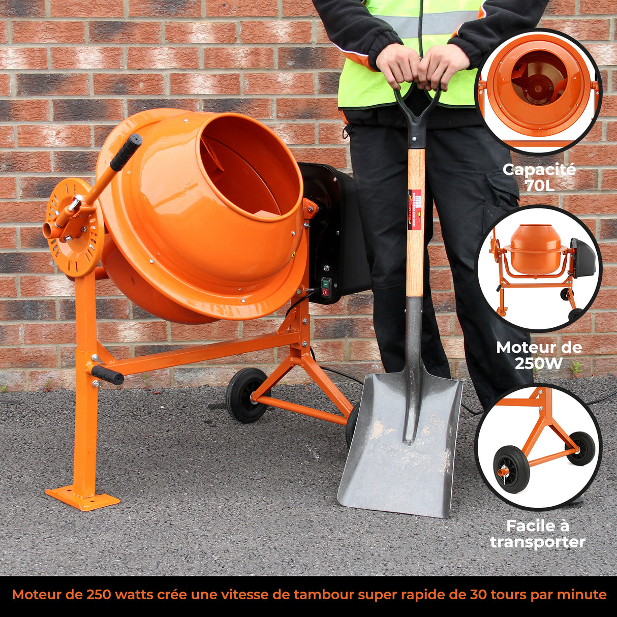 Bétonnière électrique portable orange de 70 litres avec moteur de 250W, sur châssis robuste, facile à transporter avec une pelle en bois