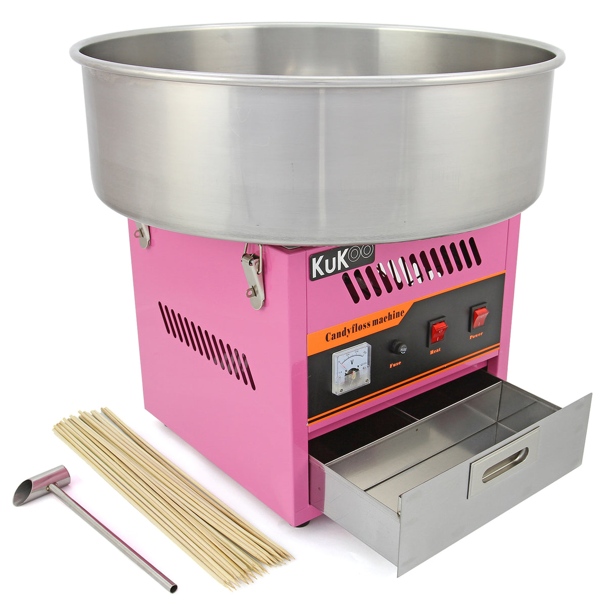 Machine à barbe à papa KuKoo en métal rose, avec un grand bol en acier inoxydable, accessoires inclus comme des bâtons et une cuillère