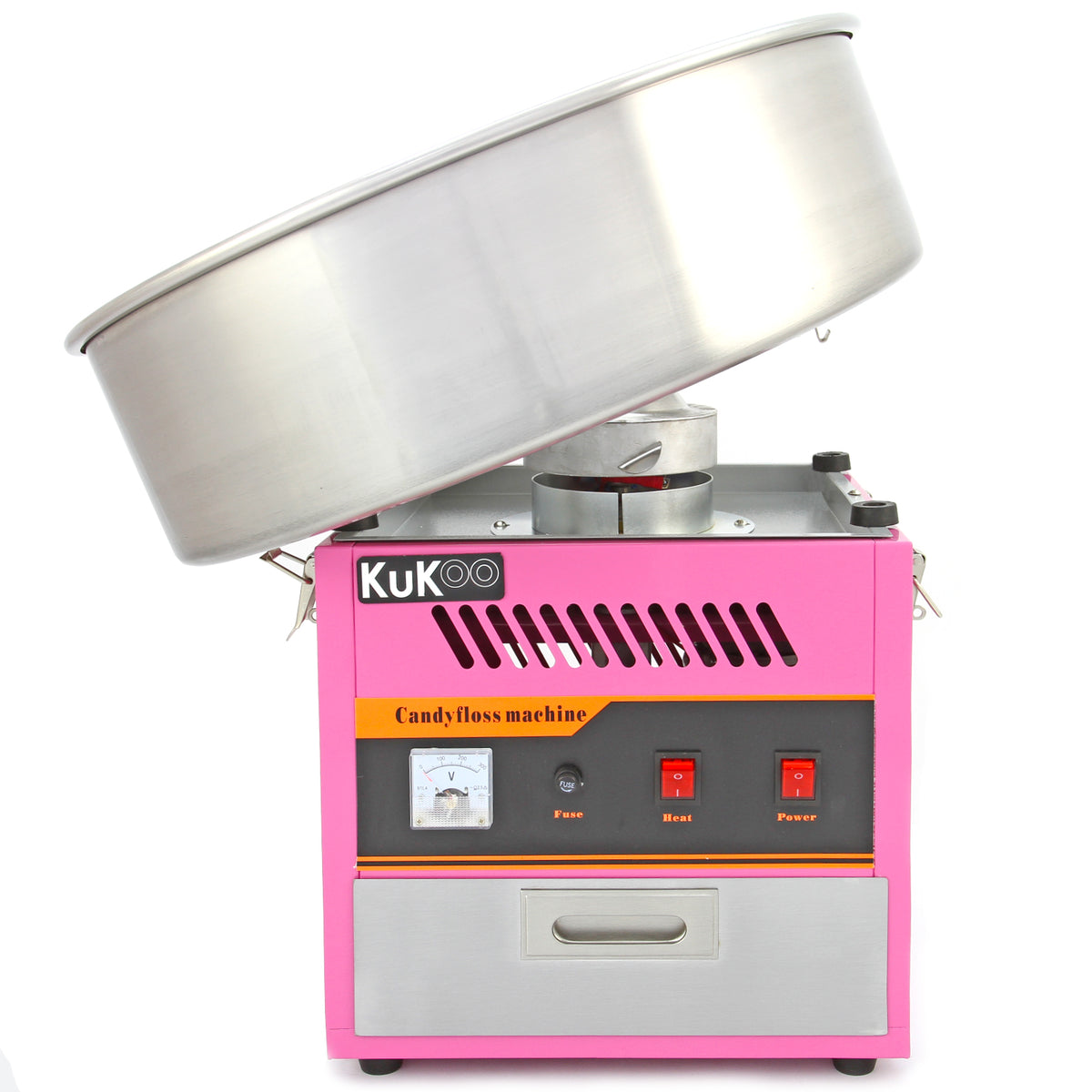 Machine à barbe à papa rose vif avec un grand bol en acier inoxydable, boutons de contrôle et indicateur de puissance sur le devant