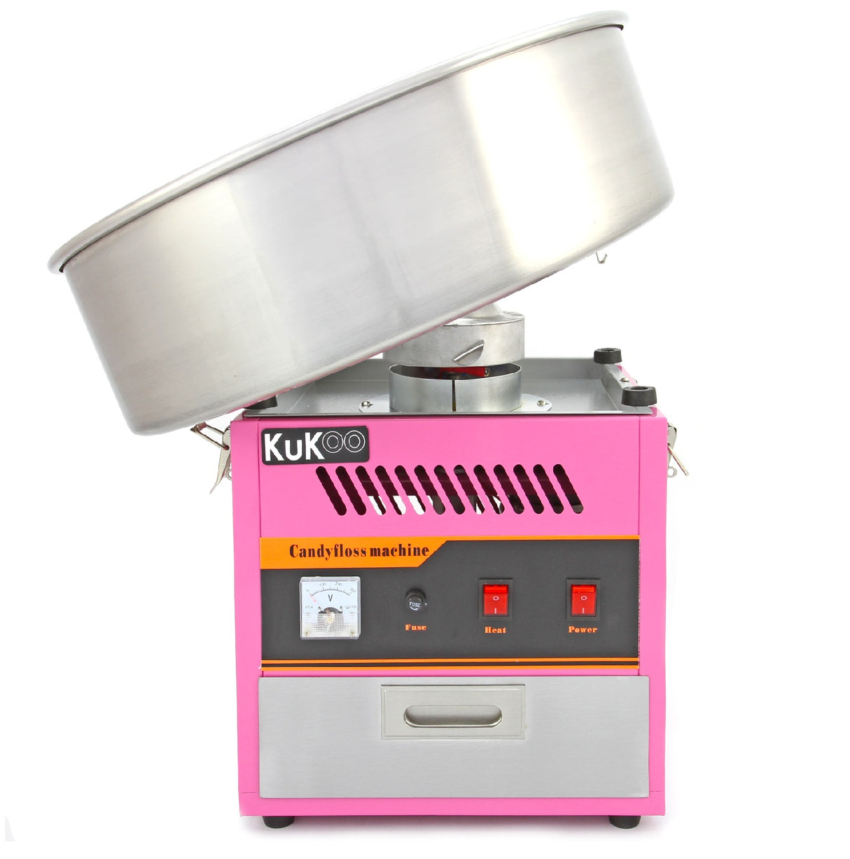 Machine à barbe à papa KuKoo en rose vif avec un grand bol en acier inoxydable, boutons rouges pour l'alimentation et la puissance