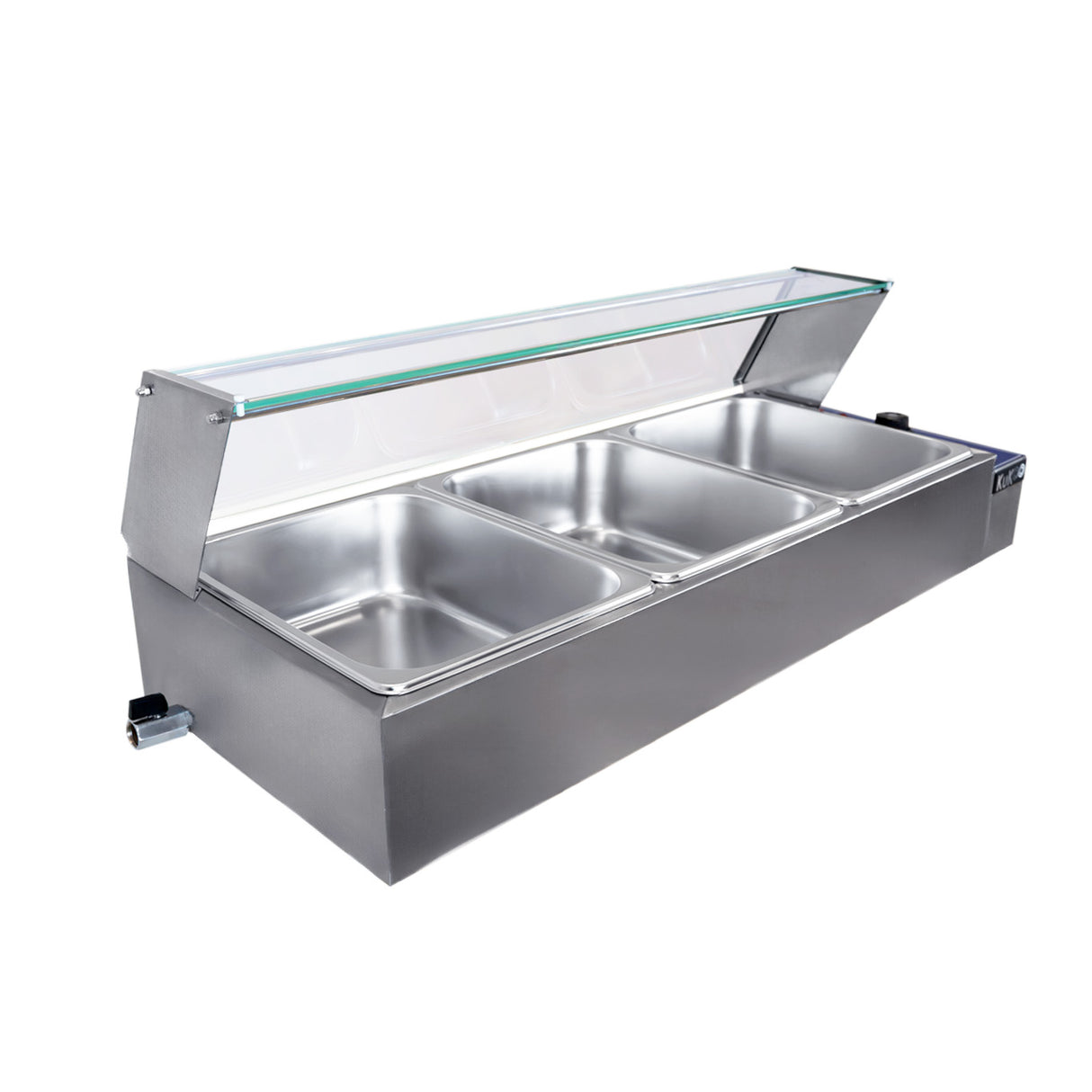 Bain marie KuKoo en acier inoxydable avec trois bacs, couvercle en verre, idéal pour garder les aliments chauds et présentables