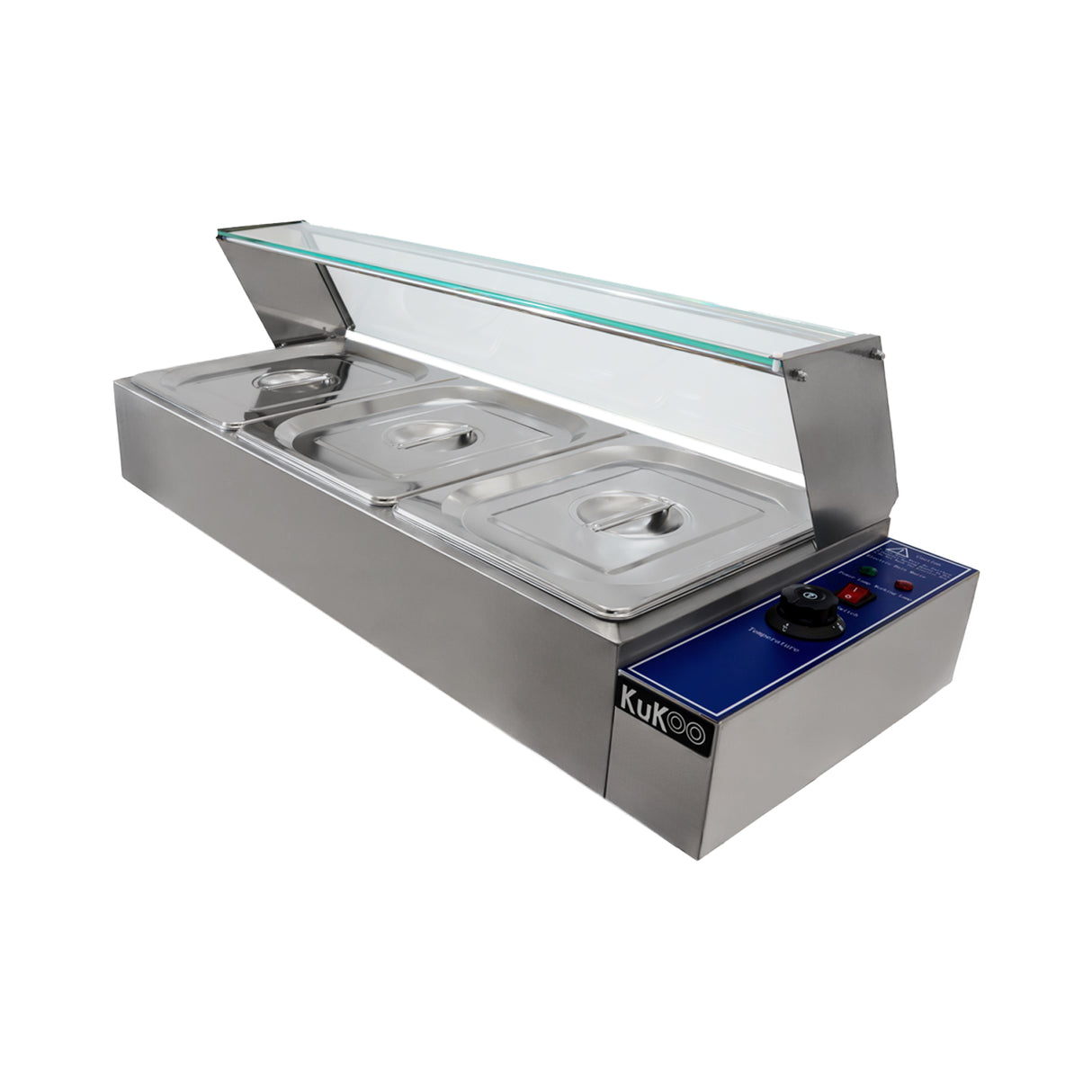 Bain marie KuKoo en acier inoxydable avec trois bacs, couvercle en verre, boutons de contrôle et finition lisse et brillante