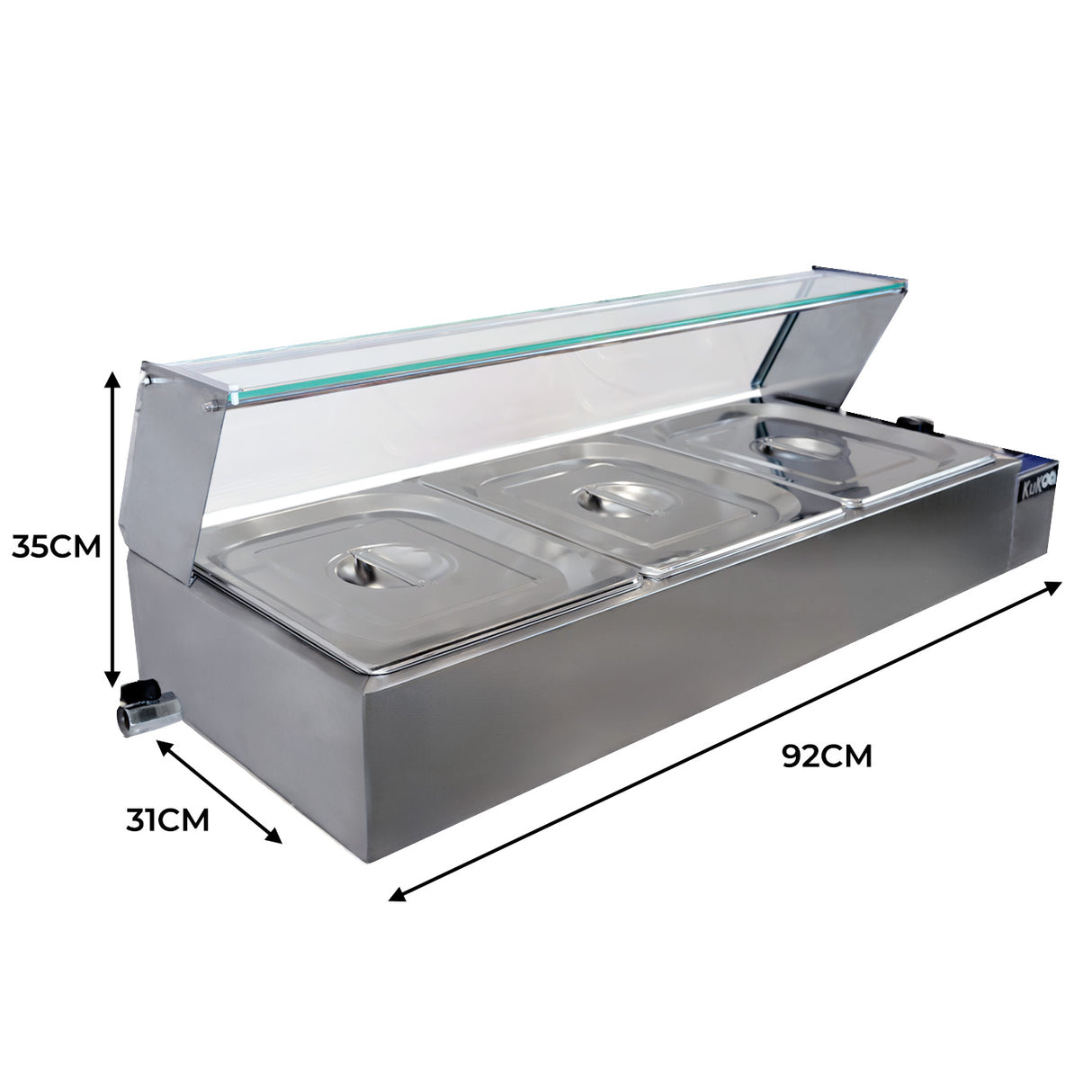 Bain marie en acier inoxydable à trois bacs, avec couvercle transparent, dimensions 92 cm x 31 cm x 35 cm, idéal pour maintenir les aliments au chaud