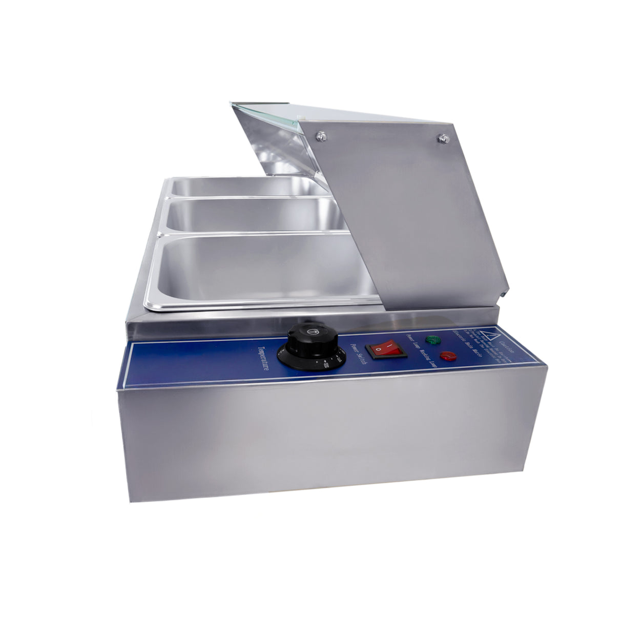 Bain marie KuKoo en acier inoxydable avec trois bacs, couvercle en verre, boutons de contrôle et finition lisse et brillante