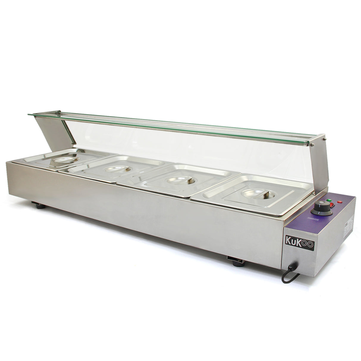 Bain marie KuKoo en acier inoxydable avec quatre bacs, couvercle en verre, boutons de contrôle et design moderne et élégant