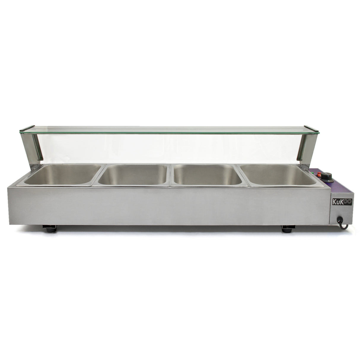 Bain marie KuKoo en acier inoxydable à 4 bacs, avec couvercle en verre, idéal pour maintenir les aliments au chaud et en présentation