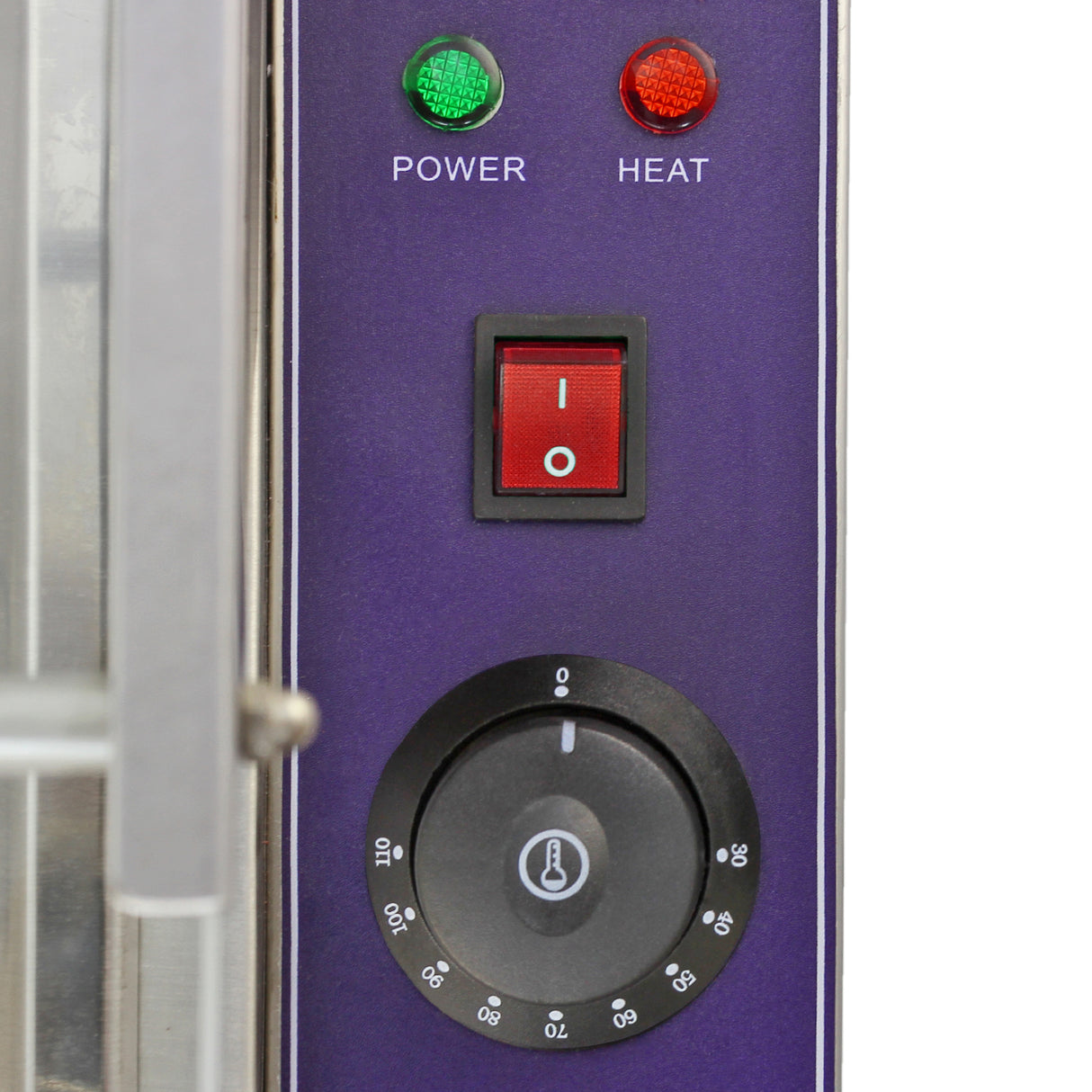 Panneau de contrôle du bain-marie KuKoo avec boutons d'alimentation, de chaleur et un cadran de température noir sur fond violet