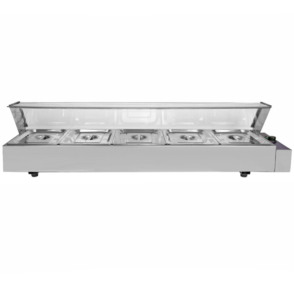 Bain marie KuKoo à 5 bacs en acier inoxydable, avec couvercle en verre, idéal pour maintenir les aliments au chaud et à portée de main