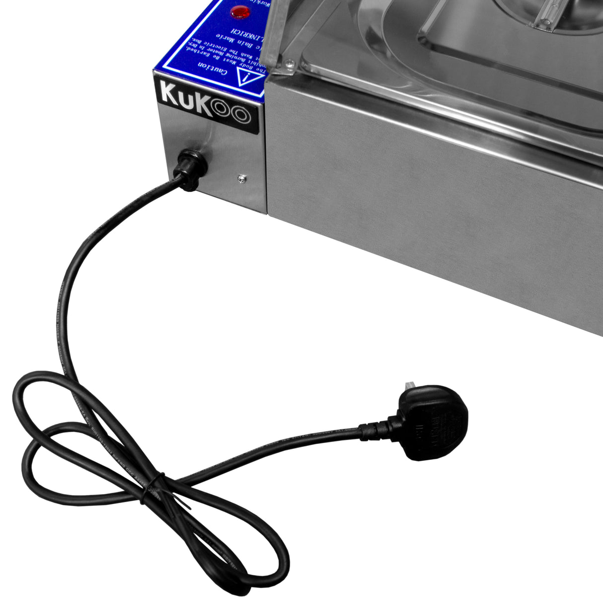 Bain marie KuKoo en acier inoxydable avec cinq bacs, câble d'alimentation noir, surface lisse et design moderne pour la cuisine professionnelle