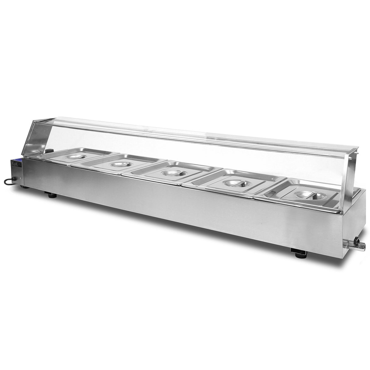 Bain marie en acier inoxydable à 5 bacs, avec couvercle en verre, idéal pour maintenir les aliments au chaud dans un cadre professionnel