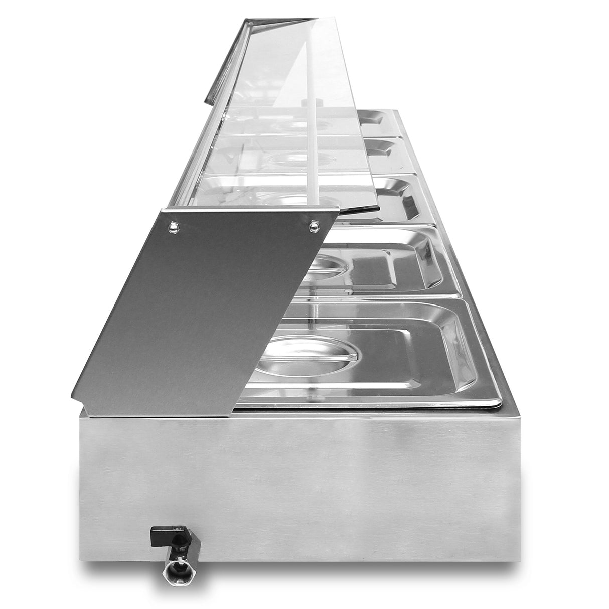Bain marie KuKoo à 5 bacs en acier inoxydable, avec couvercle en verre, finition lisse et design moderne pour un service efficace