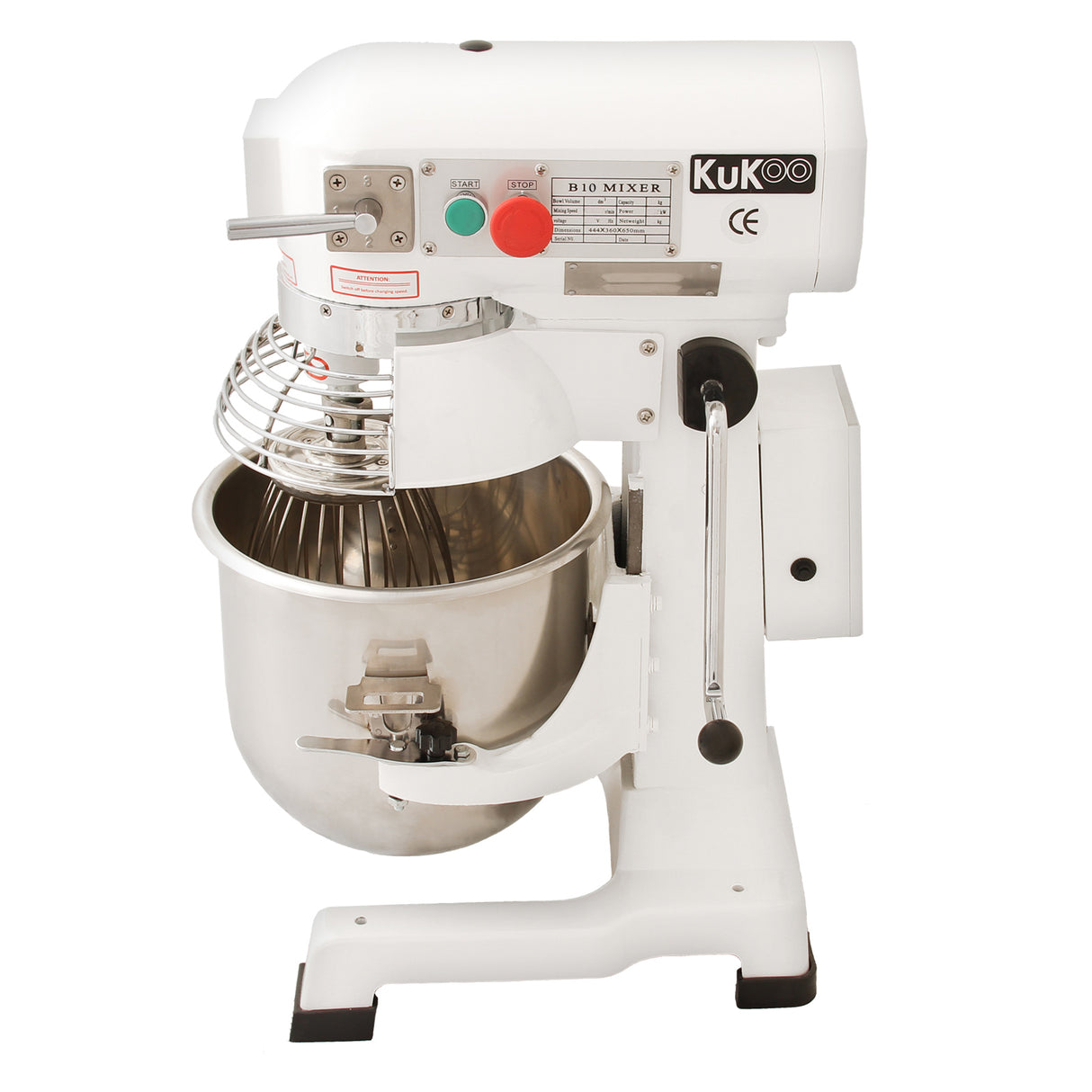 Robot pâtissier KuKoo commercial de 10 L, en métal blanc avec un bol en acier inoxydable et un fouet en acier, design robuste et professionnel
