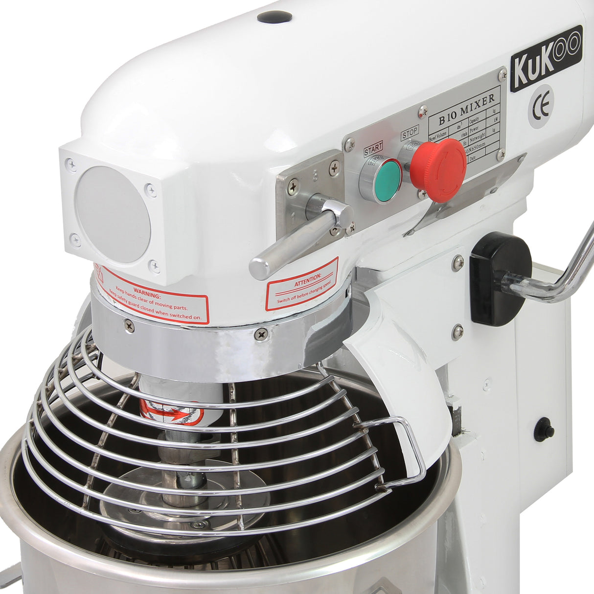Robot pâtissier KuKoo commercial de 10 L, finition blanche, bol en acier inoxydable, grille de protection en métal, boutons colorés