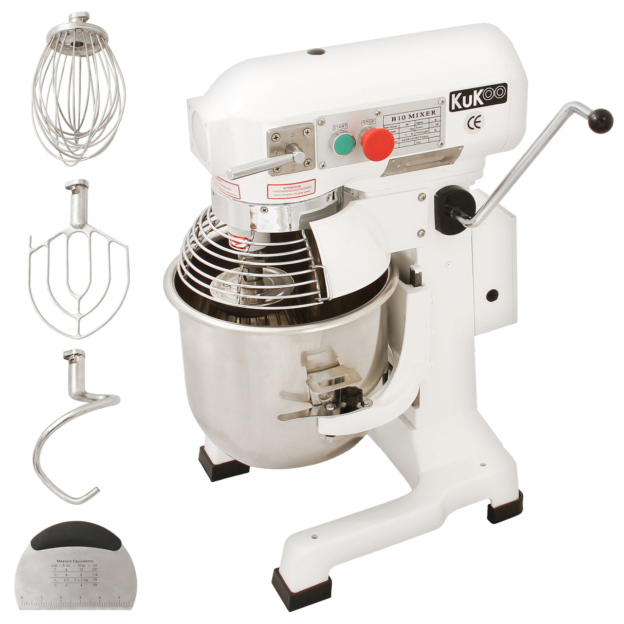 Robot pâtissier KuKoo commercial de 10 L en acier inoxydable, avec fouet, crochet et spatule, finition blanche et design robuste
