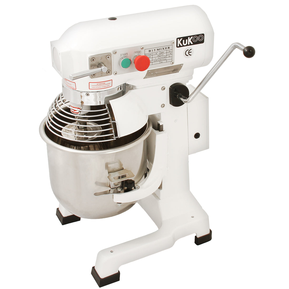 Robot pâtissier commercial KuKoo de 15 L, en blanc, avec un bol en acier inoxydable, un design robuste et des commandes intuitives