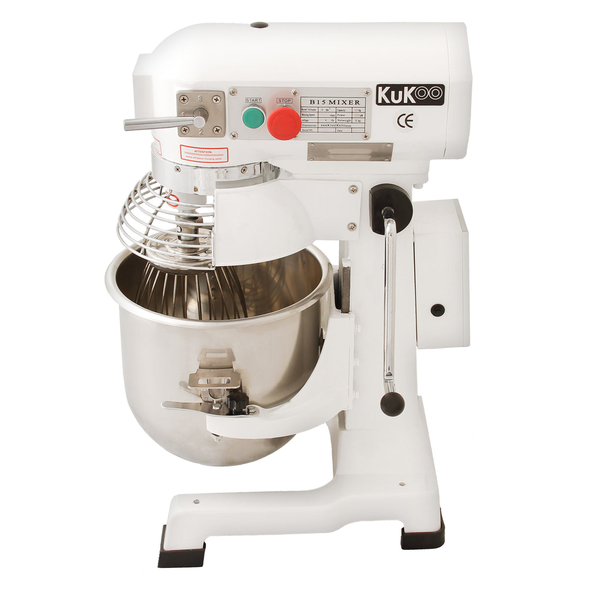 Robot pâtissier KuKoo de 15 L en métal argenté, avec un bol en inox brillant, fouet en acier et commandes colorées sur le côté