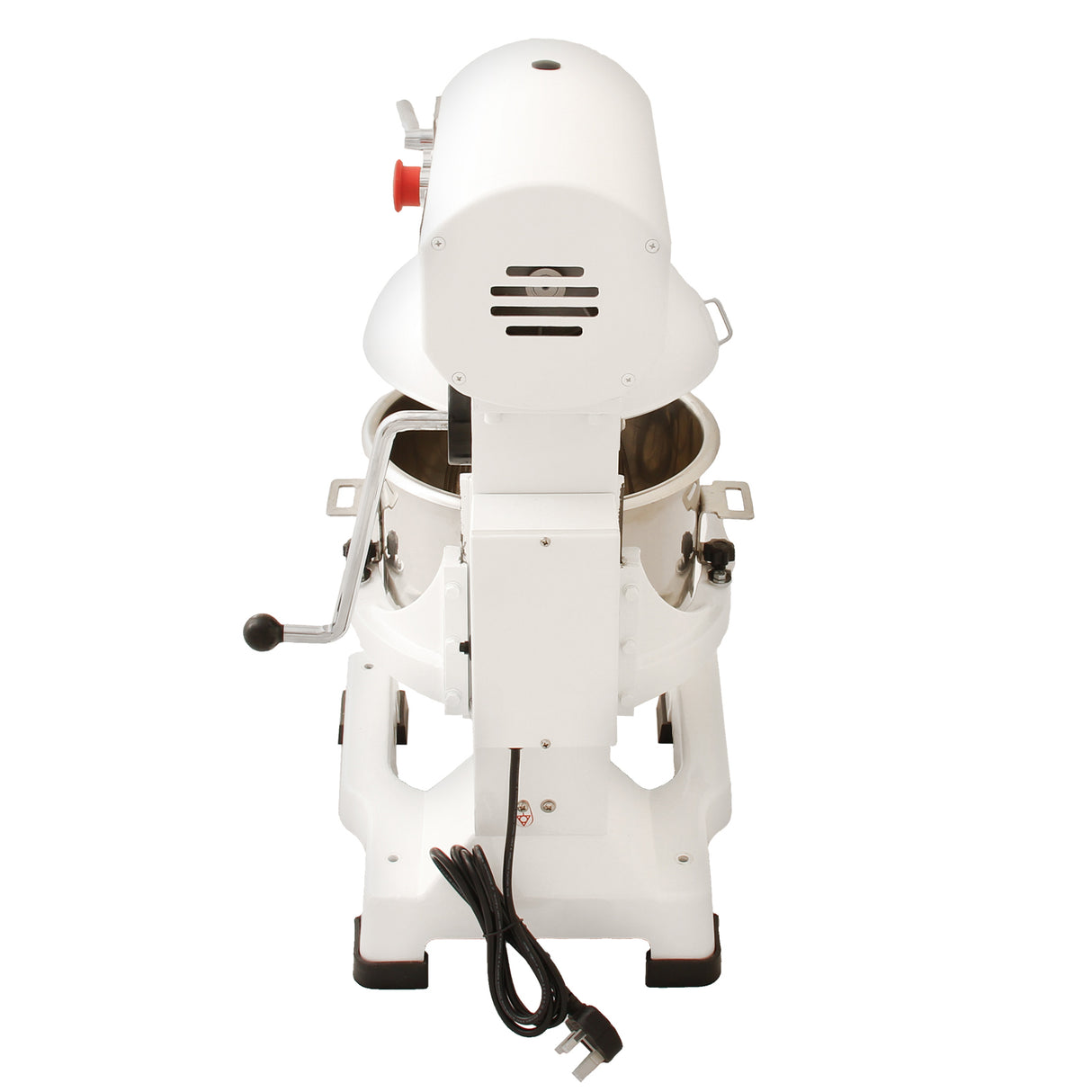 Robot pâtissier planétaire commercial KuKoo de 15 L, finition blanche, avec bol en acier inoxydable et manette de contrôle rouge