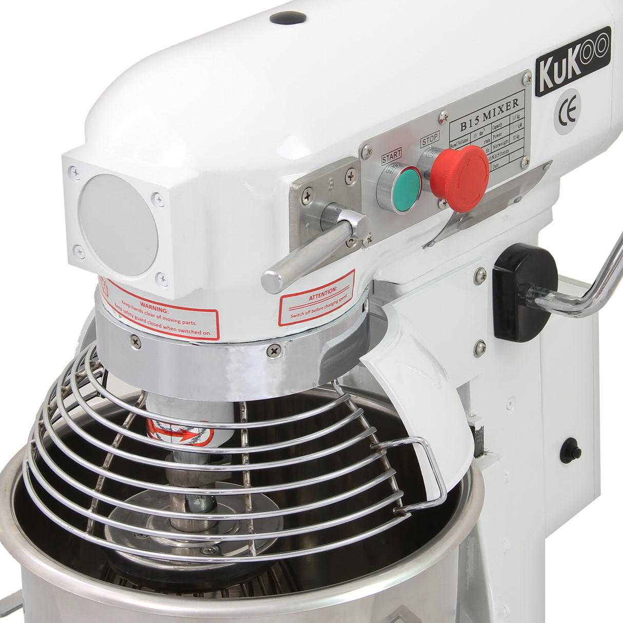 Robot pâtissier KuKoo commercial de 15 L, finition blanche, bol en acier inoxydable, grille de protection et boutons colorés pour un usage facile