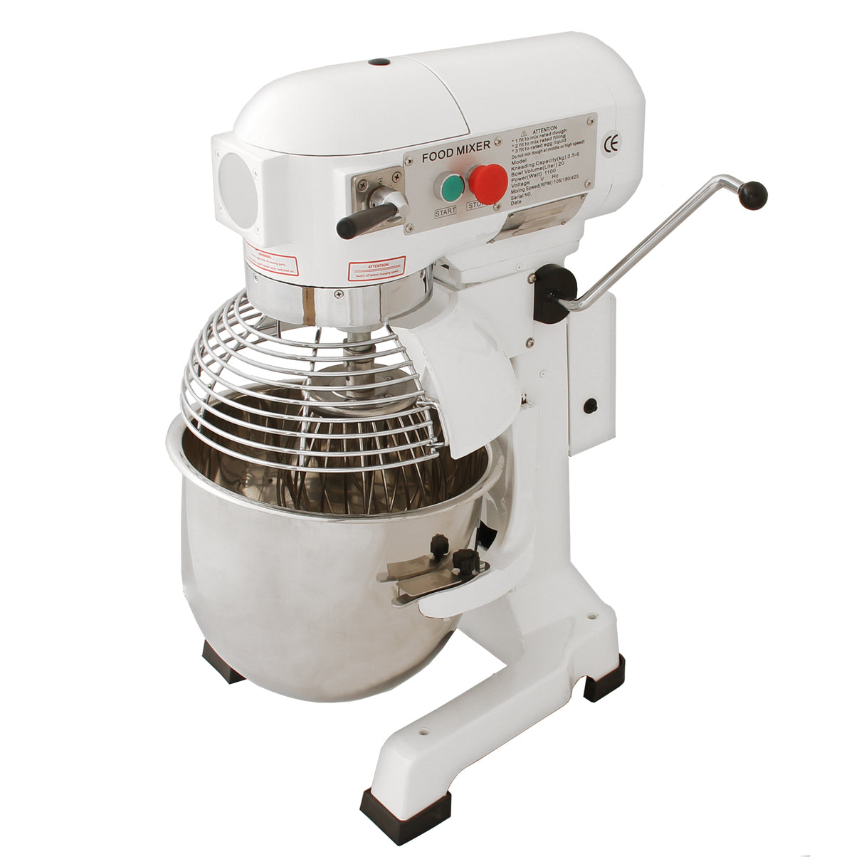 Robot pâtissier commercial KuKoo de 20 L, avec un bol en acier inoxydable, finition blanche, et un fouet en métal brillant, idéal pour la pâtisserie