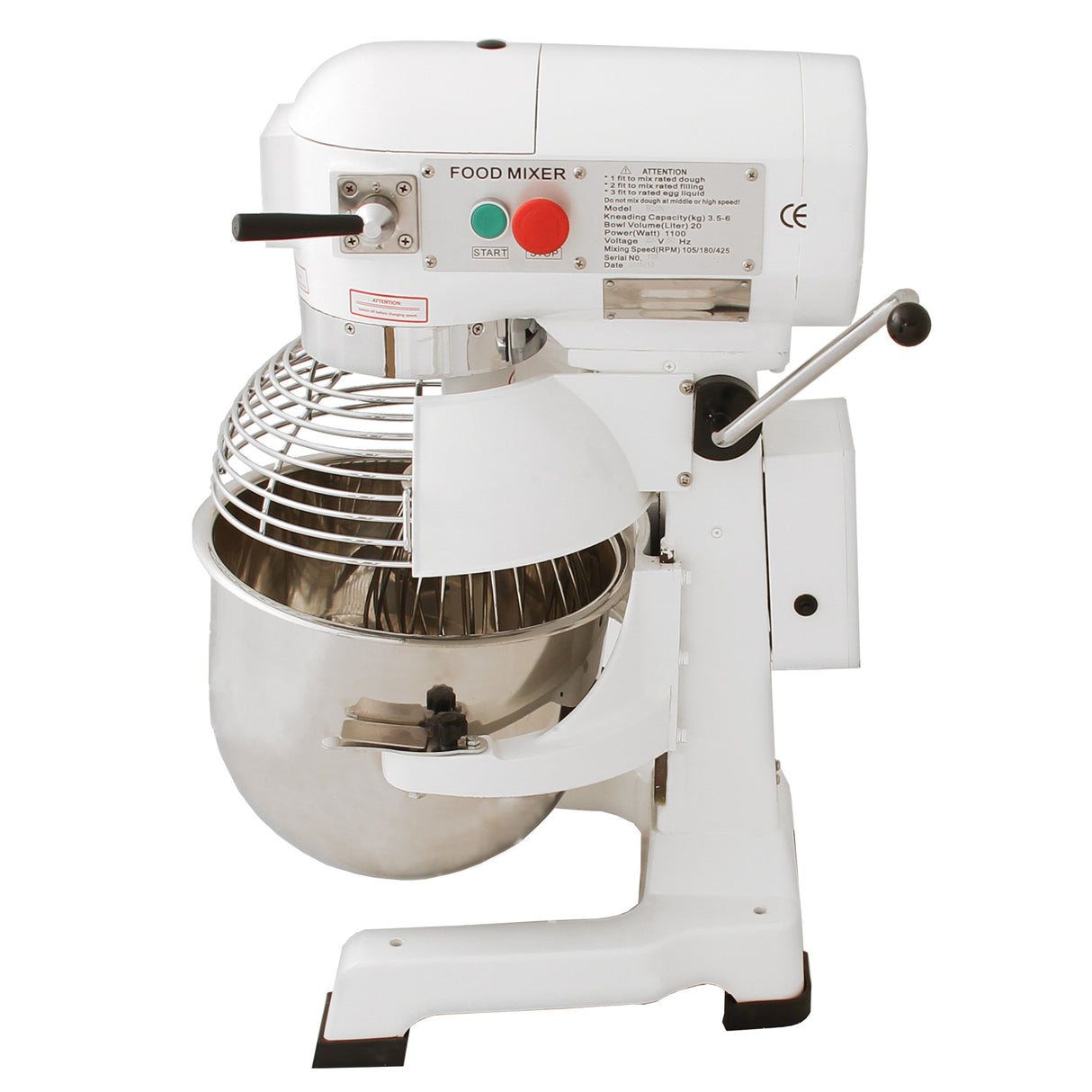 Robot pâtissier commercial KuKoo de 20 L, finition blanche, bol en acier inoxydable, avec grille de protection et commandes colorées