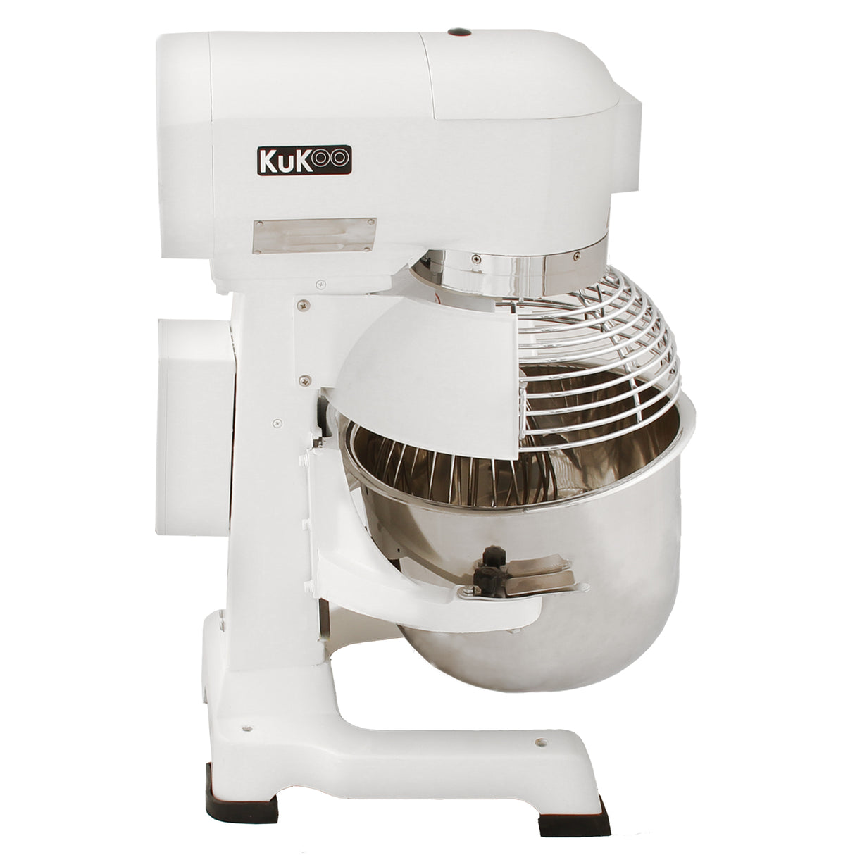 Robot pâtissier commercial KuKoo de 20 L, en blanc, avec un bol en acier inoxydable brillant et un fouet en métal, design robuste et moderne